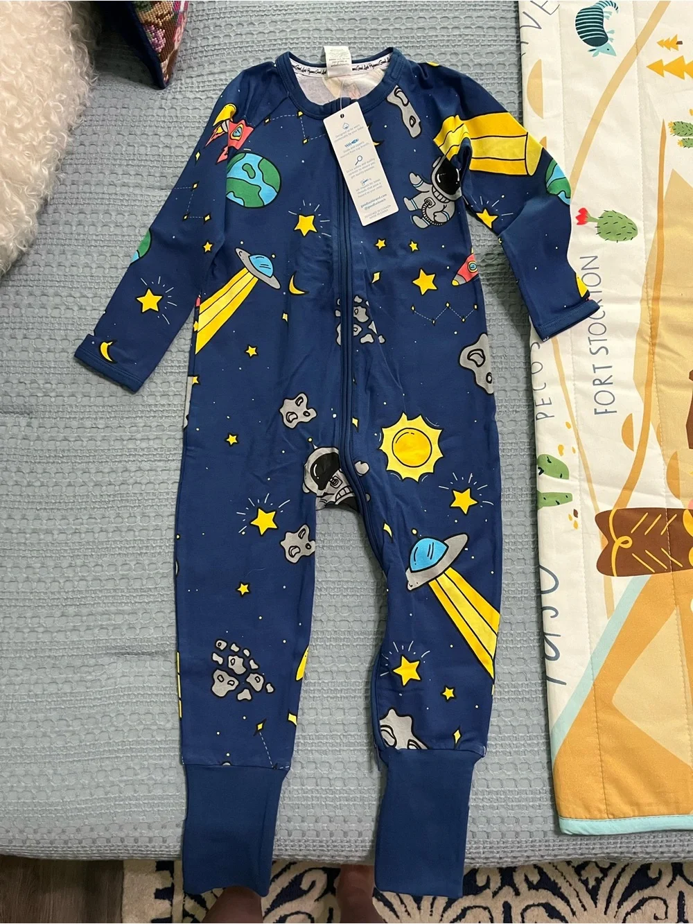 Kids Space-Themed One-Piece Pajamas - Navy with Yellow Stars